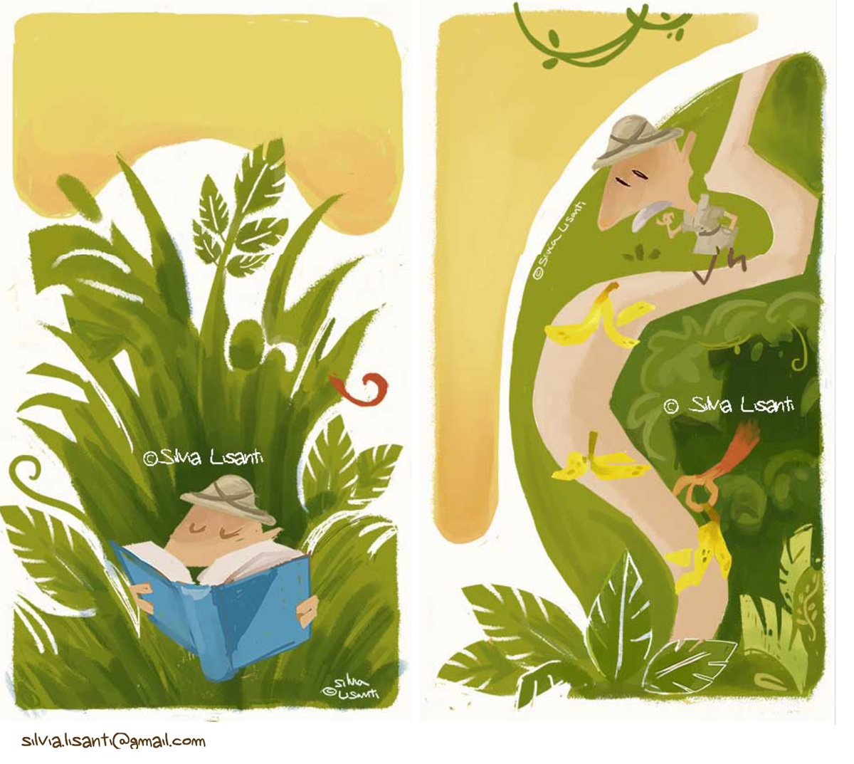 funny, children illustration, old man, jungle, nature, green, explorer, bananas, reading, book, monkey